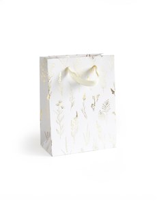 Papírová taška bílá 20x8x15cm, zlatý potisk, 5ks
